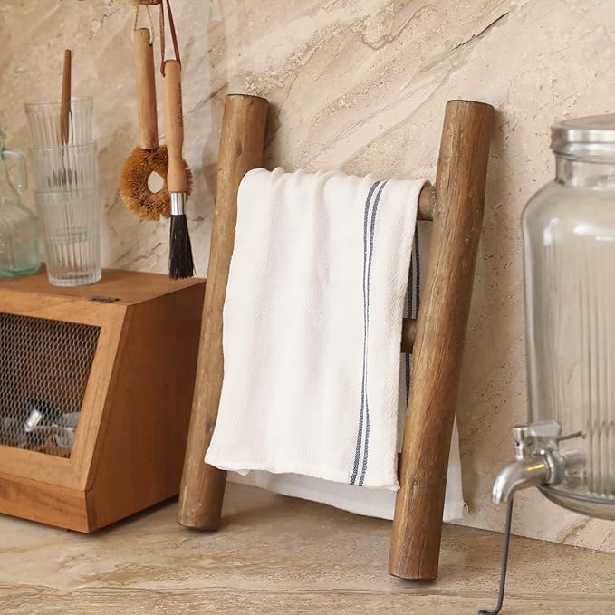 FUIN Fully Assembled Wooden Tea Towel Ladder, Mini Ladder Towel Rack Display Hanger, Small Rustic Farmhouse Tea Towel Stand Holder for Country Bathroom Decor, Brown