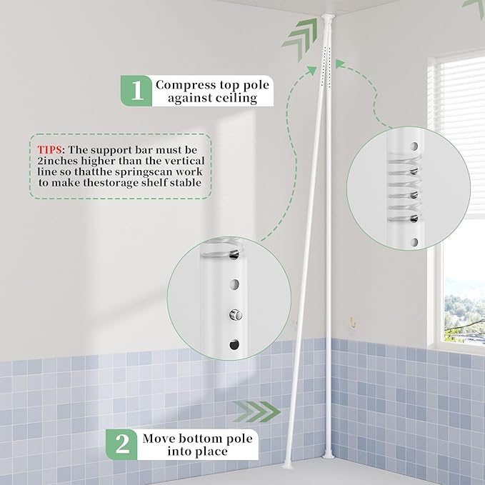 Tension Pole Shower Caddy Organizer with 4 Tier L-Shaped Rust Resistant Bathroom Corner Shelves with 34-124 Inch Adjustable No Drilling Quick Install Shower Rack for Bath Essentials (White)