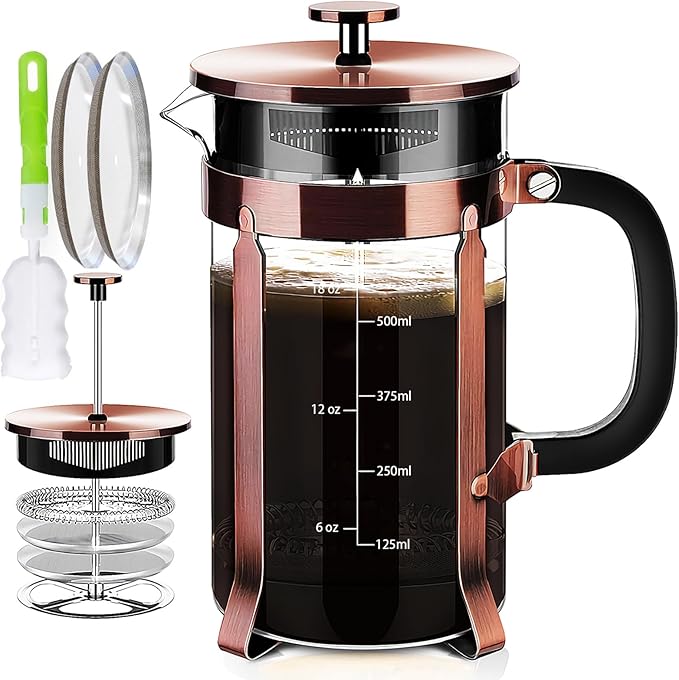 YMMIND 34 Ounce French Press Coffee Maker, 5-Cup Espresso Coffee Maker, Grey Cold Brew Heat Resistant Thickened Borosilicate Coffee Pot with 4 Stainless Steel Filter Screens