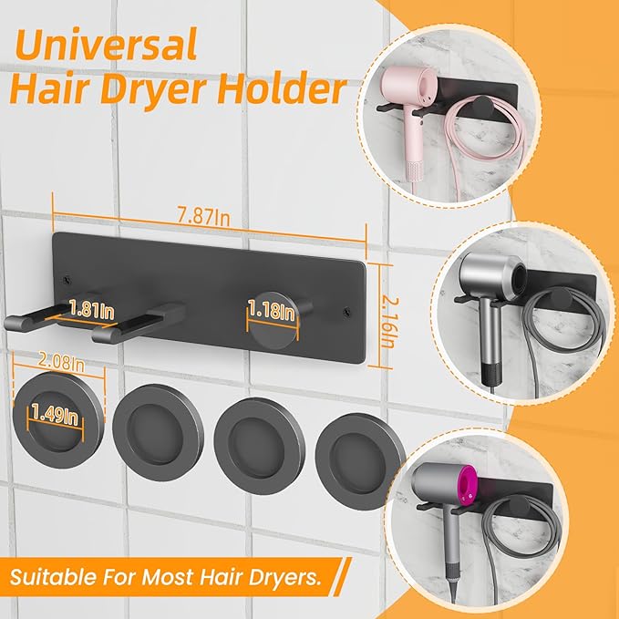 Hair Dryer Holder Wall Mounted with 4-Adsorption, Self Adhesive Blow Dryer Holder for Power Plug, Diffuser and Nozzles Accessories Organizer, Matte Black