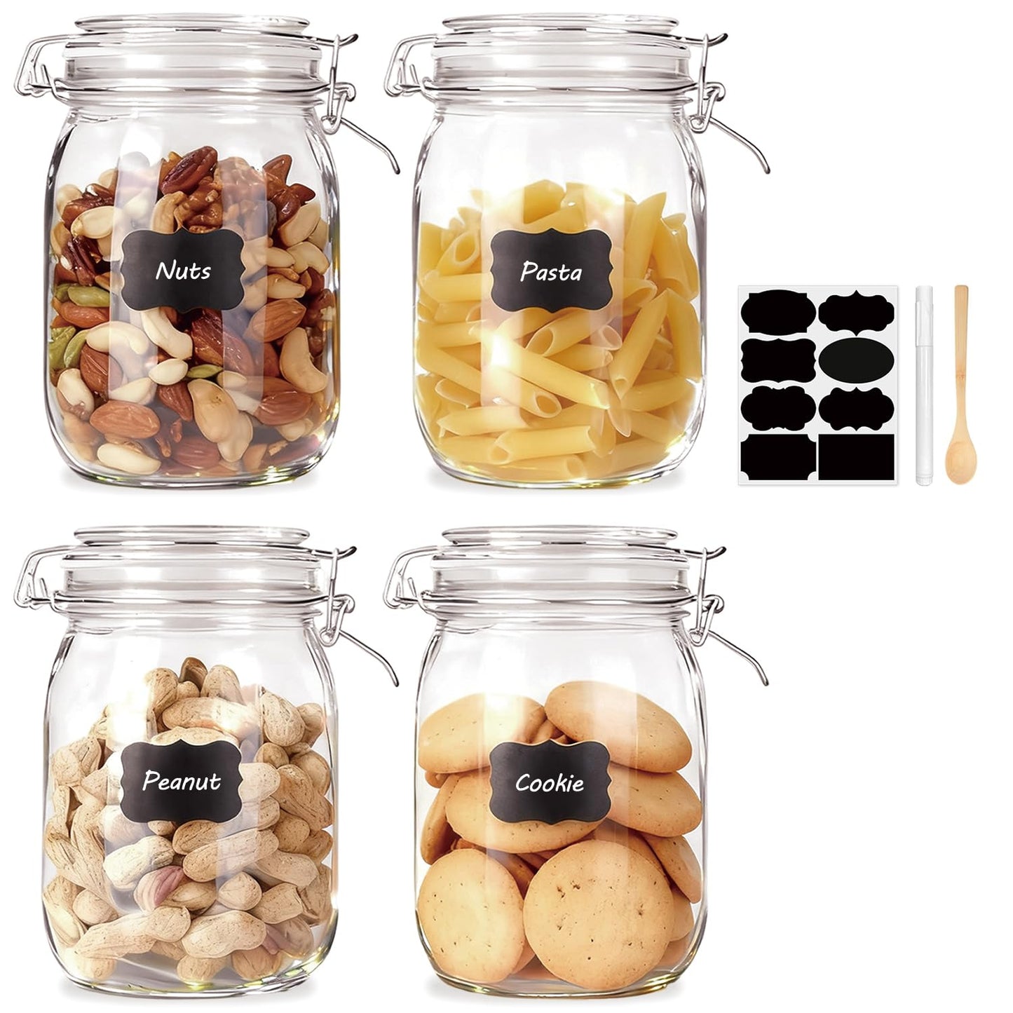 Flrolove 32oz Set of 4 Glass Kitchen Storage Canister Mason Jars with Lids