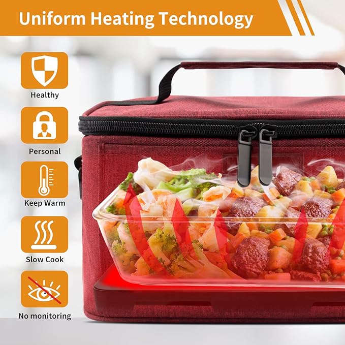 Aotto Portable Oven, Electric Lunch Box Food Heater - 12V/24V/110V 3-in-1 Car Food Warmer - Heated Lunch Box for Adults - Cook, Reheat & Keep Meals Warm for Car, Truck, Travel, Work, Home - Red