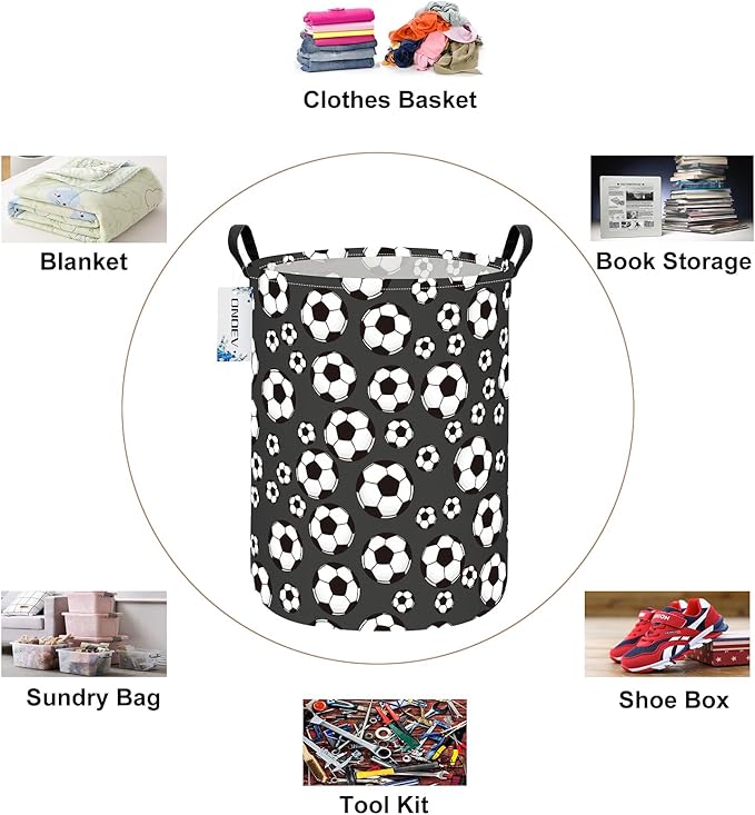 Round Foldable Kids' Football Laundry Hamper Multi Use Laundry Basket Soccer Gift Basket Toy Organizer for Boys and Girls (Soccer)