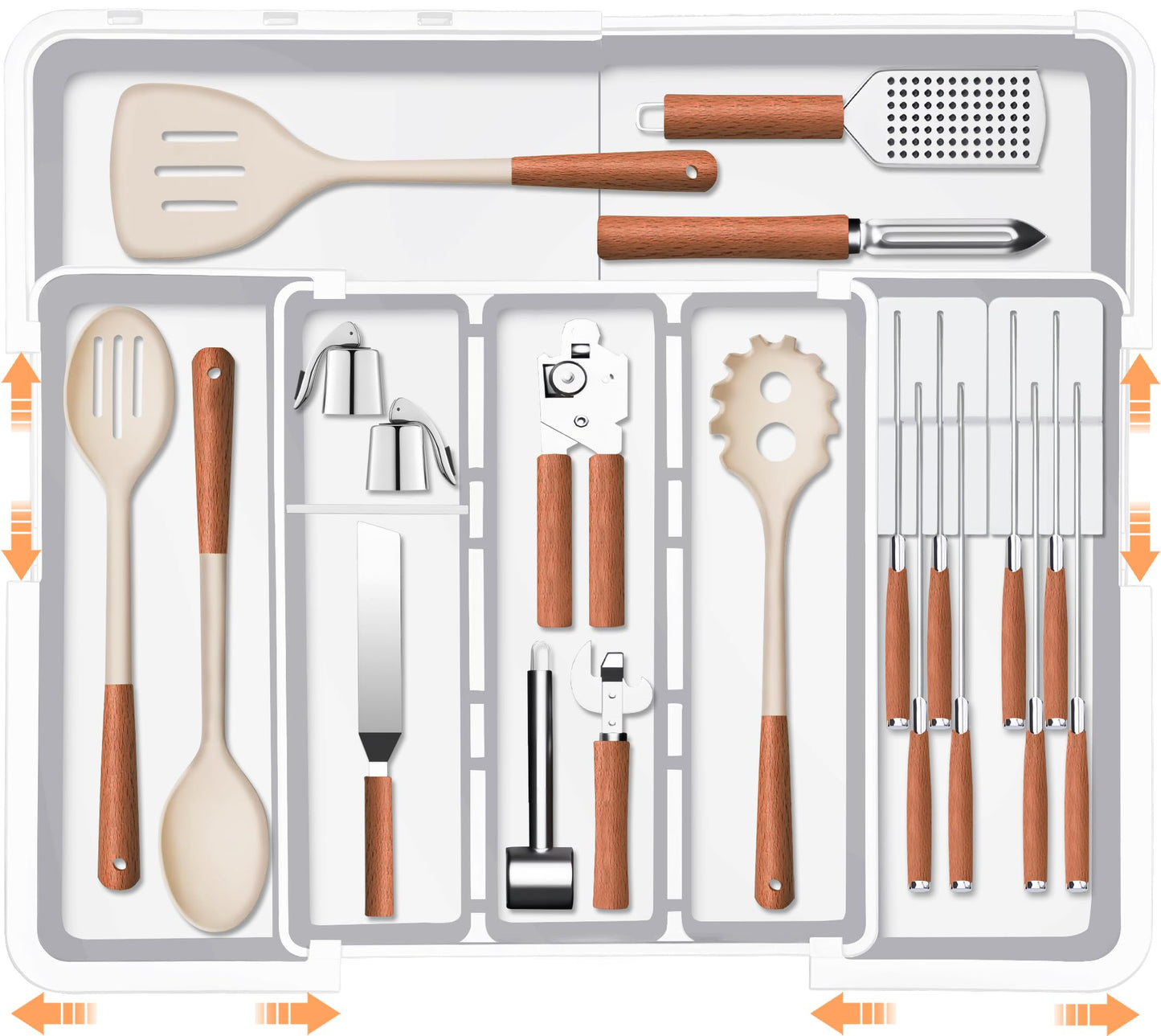Homecor Large Utensil Organizer for Kitchen Drawer, Expandable Silverware Drawer Organizer Cooking Tray, Cutlery and Flatware Utensil Holder Kitchen Spatula Tools Storage with 3 Dividers, Grey