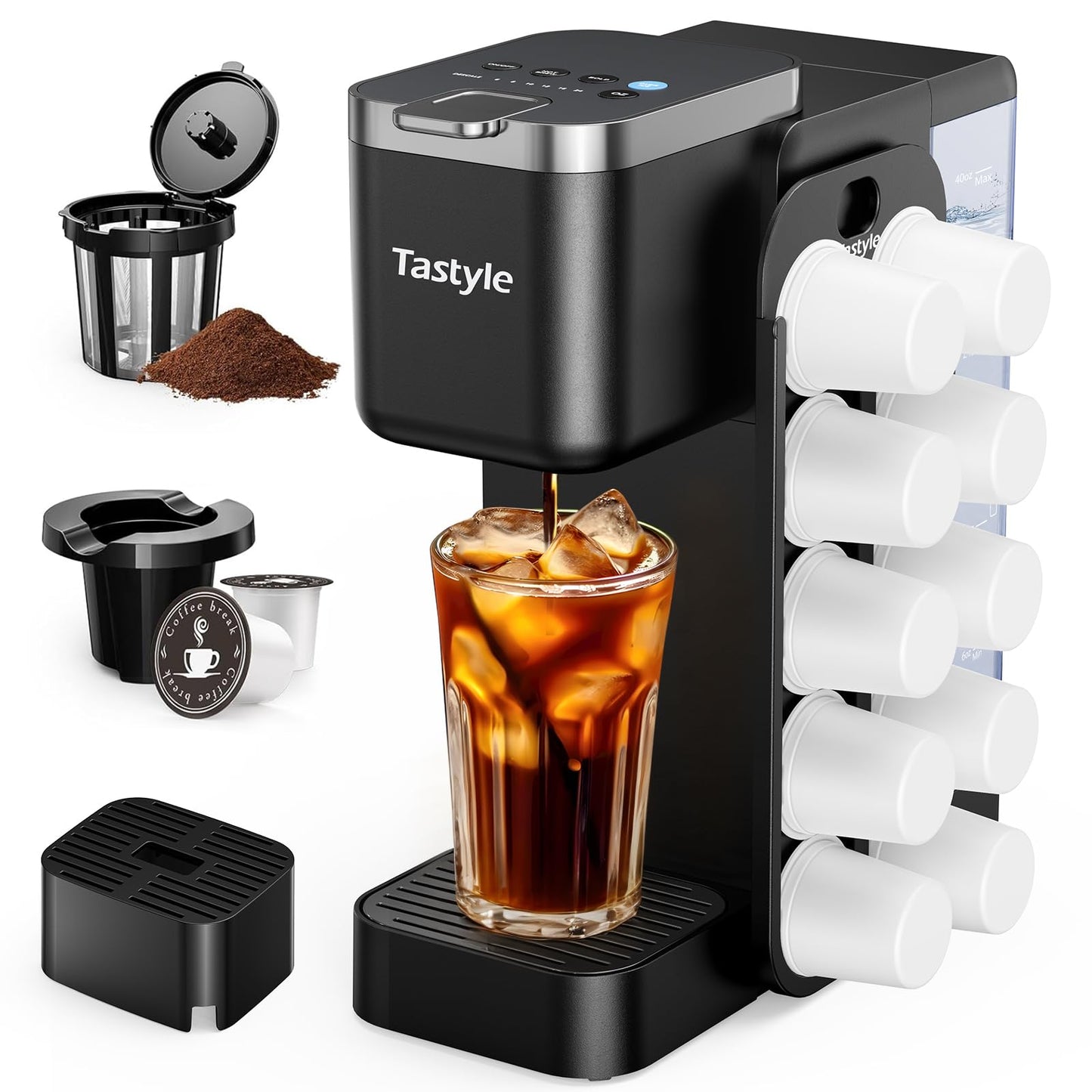 Tastyle Hot & Iced Coffee Maker with Magnetic K-Pod Holder, Fits 7.3'' Mug