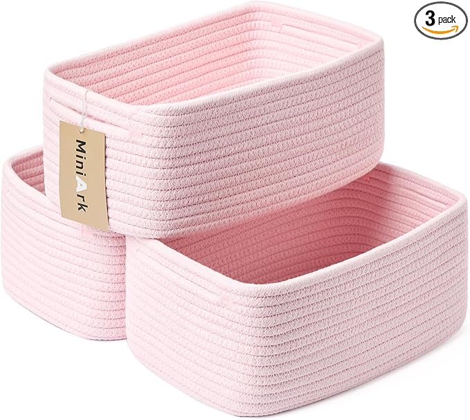 Small Storage Baskets for Organizing | Closet Organizer Bins | Shelf Toy Basket | Woven Rope Baskets | Cube Decorative Box | Shallow Basket | 13x8.5x5.1” | 3 Packs Light Pink