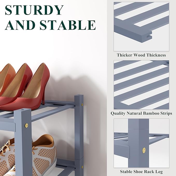 Smiry Shoe Rack, 3 Tier Small Bamboo Shoe Organizer, Stackable Free Standing Wooden Shoe Storage Shelf for Closet, Entryway, Front Door Entrance, Grey