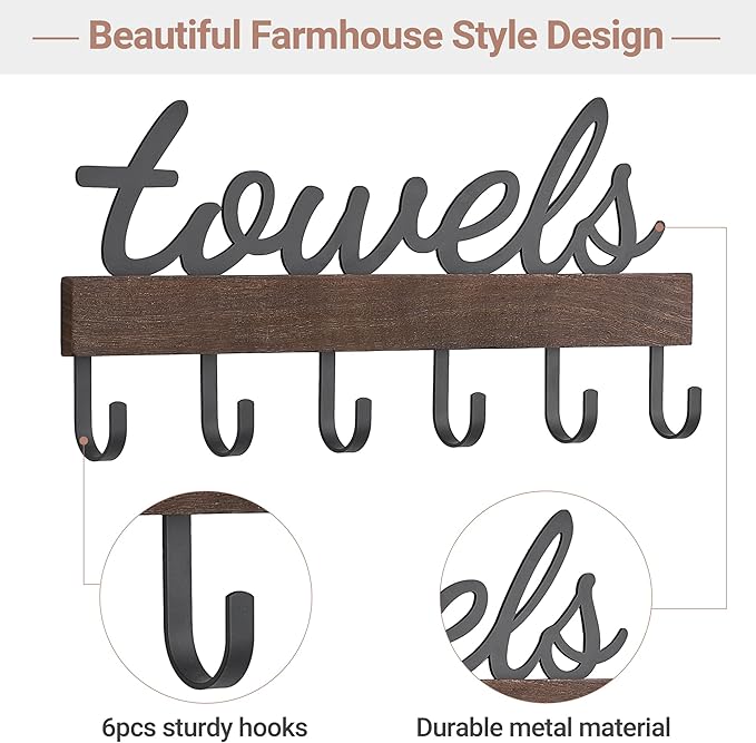 Dahey Small Towel Rack with 6 Hooks, Towel Holder Wall Mount Bathroom Organizer Rustic Farmhouse Home Decor Hanger Storage Hooks for Towel, Robe, Bag, 15" L X 6.7" H, Brown
