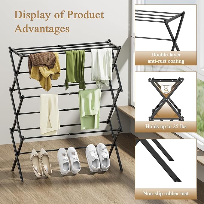 Foldable Drying Rack Clothing, 3-Tier Portable Clothes Drying Racks for Indoor & Outdoor, Anti-Rust Compact Laundry Rack Collapsible, Black 28" D x 10" W x 35" H