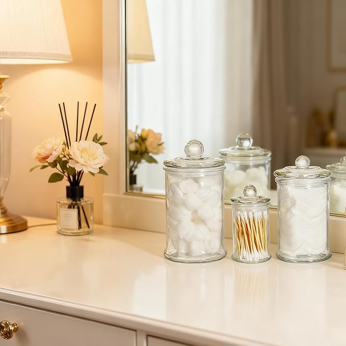 Suwimut Set of 3 Glass Apothecary Jars with Lids, Bathroom Canisters Storage Container Jars, Decorative Small Glass Apothecary Jar for Cotton Swabs, Cotton Balls, Makeup Sponges, Bath Salts