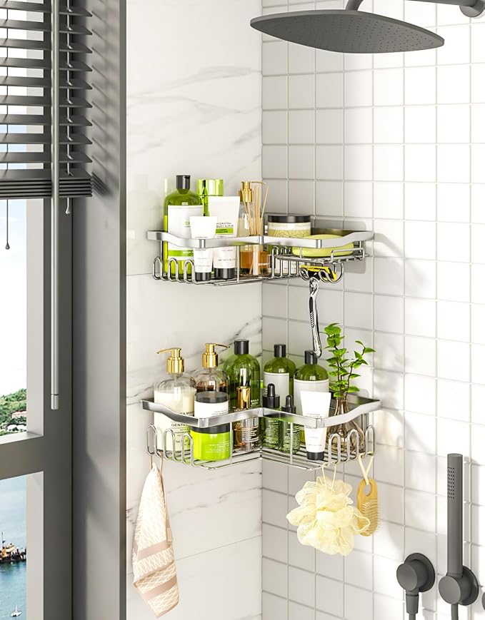 HapiRm Corner Shower Caddy with Shampoo Holder, Shower Organizer with 11 Hooks, No Drilling Rustproof Stainless Steel Bathroom Shelves - Silver (Only for 90 ° Right Angle)