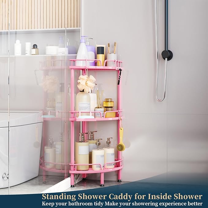Consumest Corner Shower Caddy Stand - 3 Tier Shower Organizer with Soap Holder, Tall Floor Corner Shelf Standing with Adjustable Feet & 4 Hooks, Storage Rack for Bathroom Pink