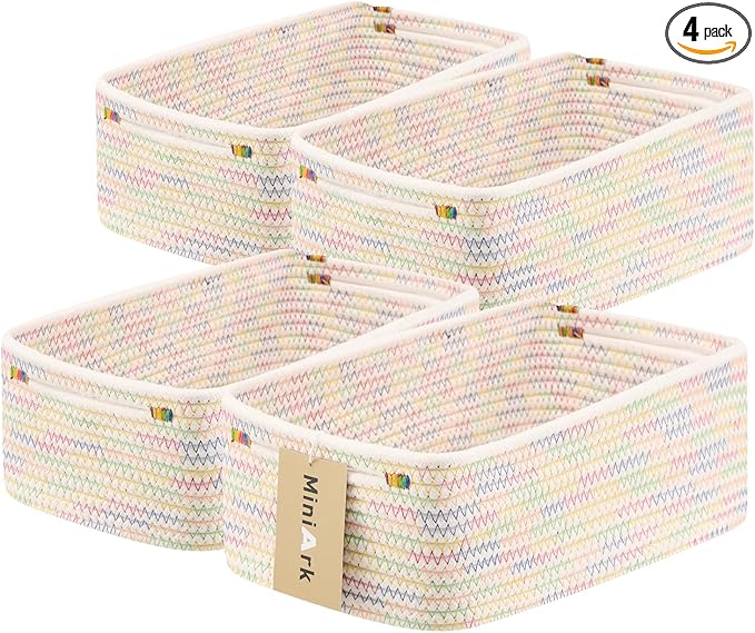 Small Storage Baskets for Organizing | Closet Organizer Bins | Shelf Toy Basket | Woven Rope Baskets | Cube Decorative Box | Shallow Basket | 13x8.5x5.1” | 4 Packs Rainbow