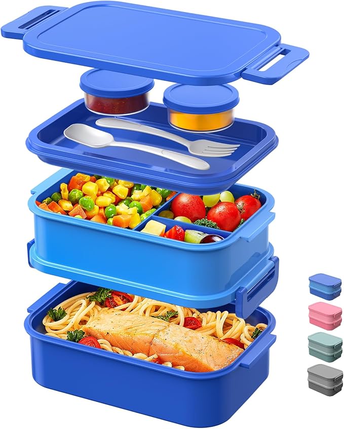 DaCool 2 Pack Adults Lunchbox Bento Box 74 OZ Stackable Lunch Box for Kids Adults Men Women Teens Leakproof Bento Large Lunch Box Container with Fork Spoon Sauce Box for School Work,Grey,Morandi-Green