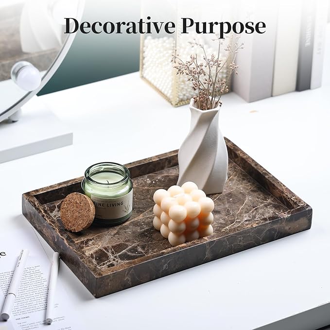 Real Natural Marble Tray for Bathroom, Genuine Marble Stone Vanity Tray, Luxury Storage Trays for Kitchen, Vanity, Home Decor, Dresser, Non-Resin/Non-Ceramic, 12"x 8"x 1.2", Dark Brown