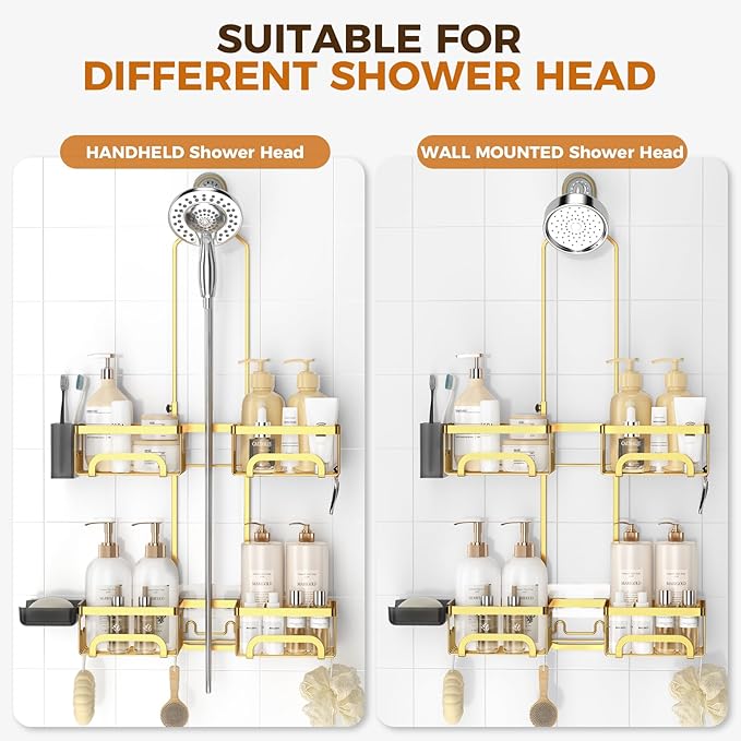 REINHARDT Shower Caddy Hanging for Handheld Showerheads Adjustable Split Shower Caddy, Rustproof Shower Organizer with Hooks for Razors Over the Head Caddy with Soap Holder Bathroom Accessories, Gold