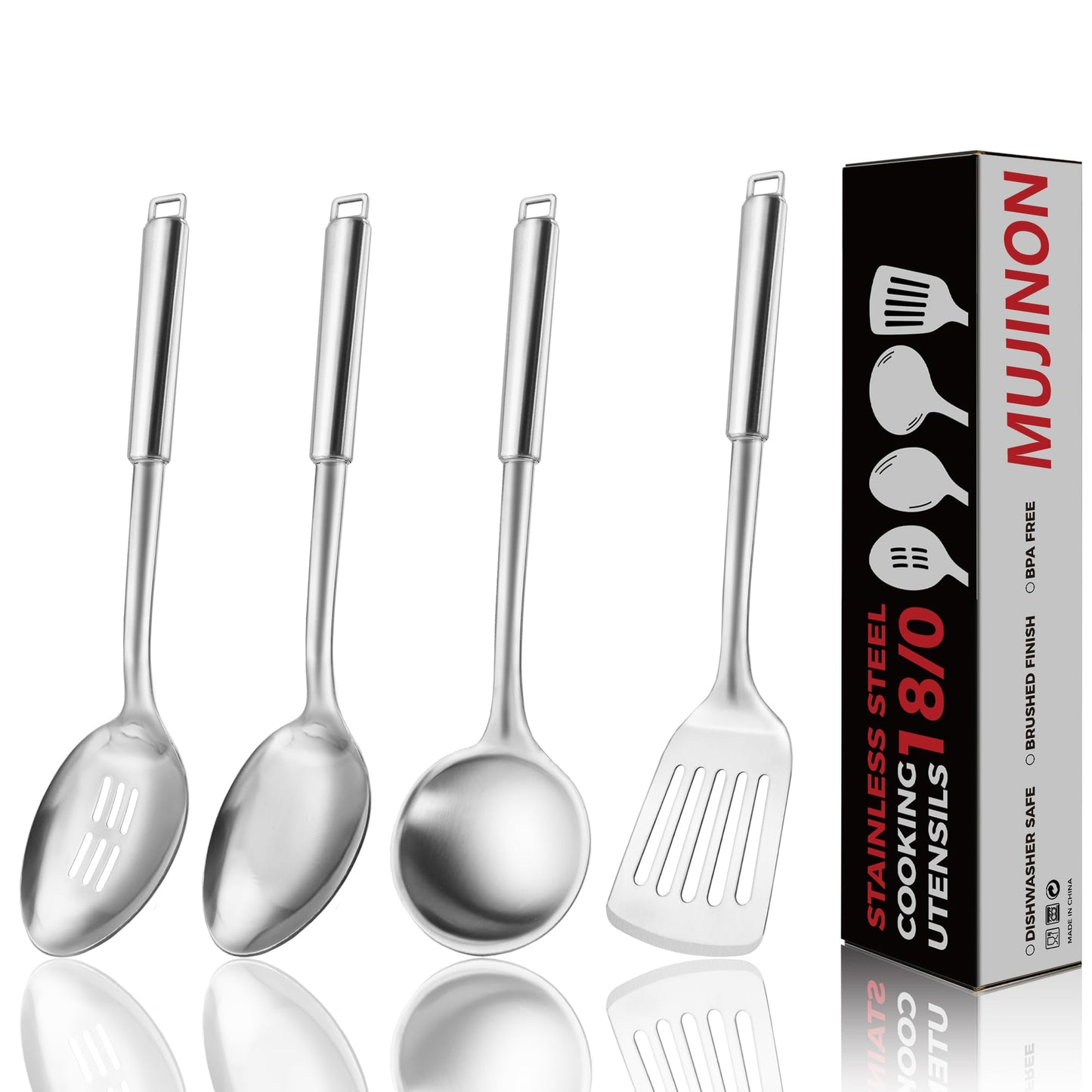 MUJINON 18/0 Stainless Steel Cooking Spoons Set, Serving Spoon & Slotted Spoon, Kitchen Cooking Utensils Set, Housewarming Daily Use Commercial, Pack of 2