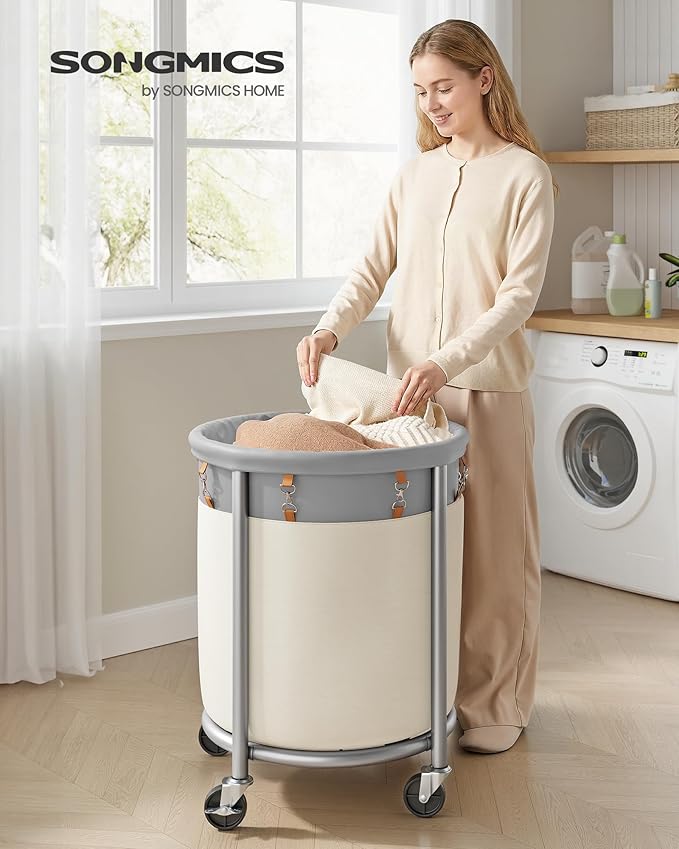 SONGMICS 29-Gallon (110 L) Laundry Basket with Wheels, Rolling Round Heavy-Duty Laundry Hamper Cart with Steel Frame and Removable Bag, 2 Locking Wheels, Dove Gray and Cream White URLS002GD02