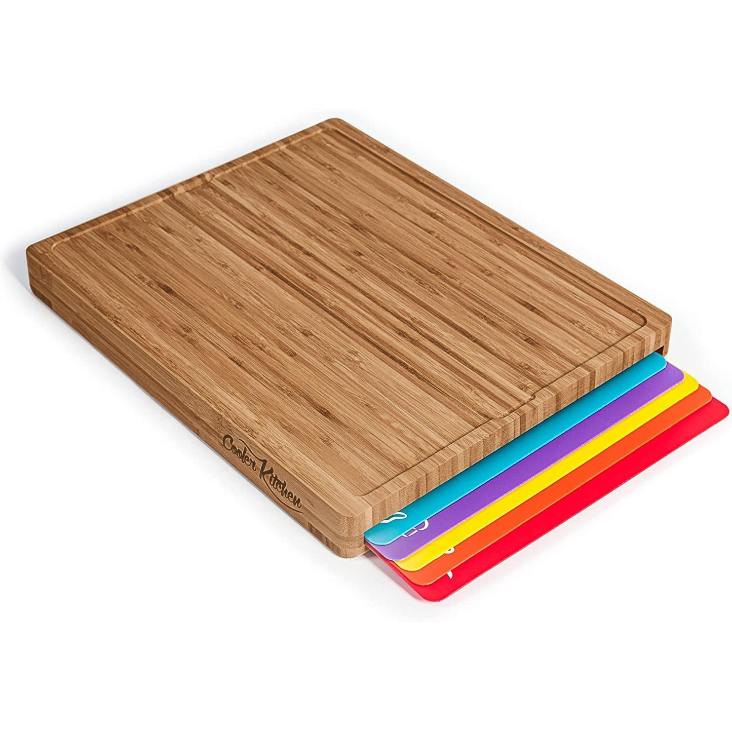 Bamboo Cutting Board Set with 6 Color Coded Flexible Mats Food Icons, BPA-Free Non Slip Easy Clean Cutting Boards for Kitchen with Holder, Dishwasher Safe, Meal Prep & Serving, Large | Cooler Kitchen