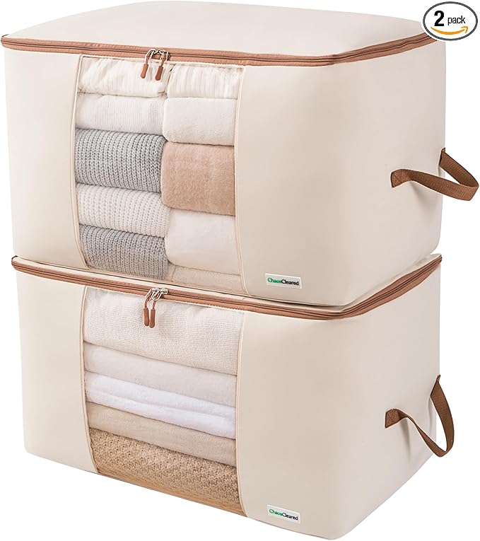 Canvas Storage Bags Designer Organizer for Comforters 2 Pack – Seasonal Storage for Pillows, Blankets, Linens & Garments – Foldable Design with Zip & Window, Moth-Proof Space Saver