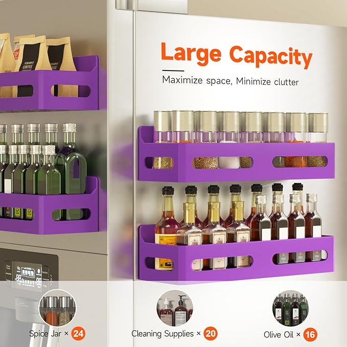 4 Pack Strong Magnetic Spice Rack for Refrigerator, Multipurpose Magnetic Shelf for Fridge with 4 Hooks for kitchen and Bathroom Organization, Purple