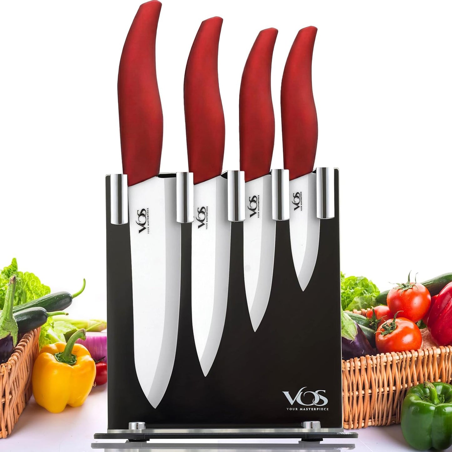 Vos Ceramic Knife Set in Elegant Gift Box, Ceramic Knives Set For Kitchen, Ultra Sharp Kitchen Knife Set with Covers, 4" 5" 6" Paring, Santoku & Chef Knife, Lightweight, Dishwasher safe (Black Handle)