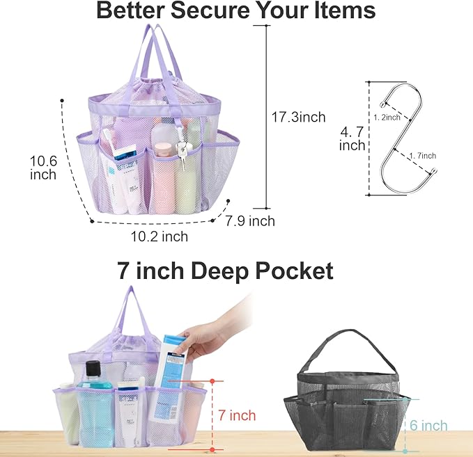 F-color Mesh Shower Caddy Portable with Drawstring - Large 8 Pockets Dorm Room Essentials for Guys Girls with S Hook, Shower Bag Basket Tote for College Camping Gym Travel Toiletry Bathroom, Purple