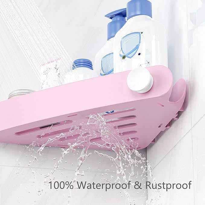 Sotfamily Plastic Shower Caddy Corner (For 90° Only), 2 Pack Adhesive Corner Shower Shelves for Bathroom Organizers and Storage, Pink