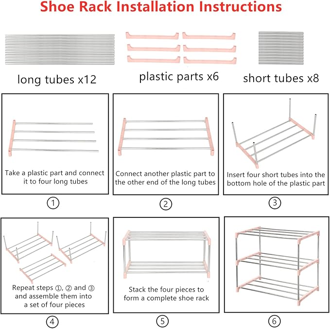 Stackable Small Shoe Rack, Entryway, Hallway and Closet Space Saving Storage and Organization (3-Tier, Pink)