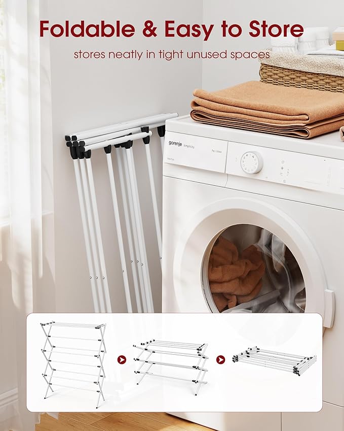 Foldable Clothes Drying Rack – Metal Laundry Drying Rack with Non-Slip Feet, 3-Tier Space-Saving Clothing Rack for Laundry Organization, Indoor & Outdoor Use, 11.4"D x 29.1"W x 37.4"H, White