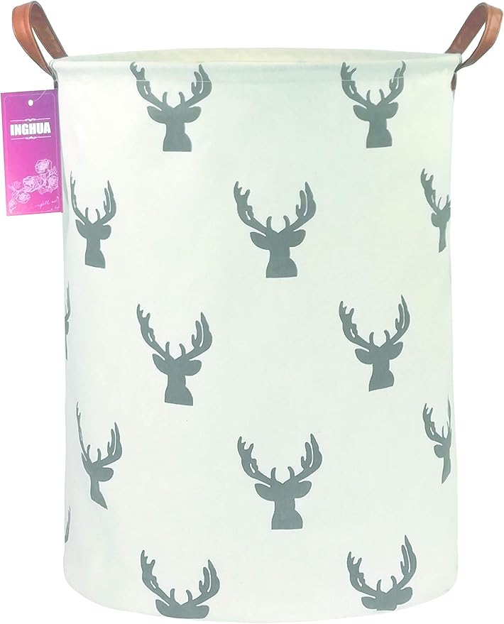 Laundry Hamper Large Canvas Fabric Lightweight Storage Basket/Toy Organizer/Dirty Clothes Collapsible Waterproof for College Dorms, Boys and Girls Bedroom,Bathroom(grey deer)