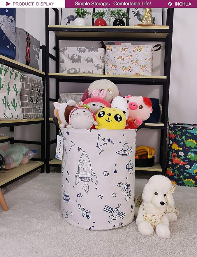 Laundry Hamper Large Canvas Fabric Lightweight Storage Basket/Toy Organizer/Dirty Clothes Collapsible Waterproof for College Dorms, Boys and Girls Bedroom,Bathroom(Spaceships)