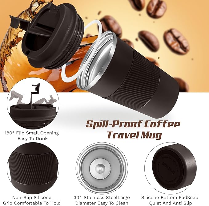 Vacuum-Insulated Stainless Steel Travel Coffee Mug, Leak-Proof Reusable Coffee Cup with Lid - Keep Hot & Cold Drinks for Hours, Durable Insulated Tumbler for Men & Women(3rd-Dark Coffee, 12OZ)