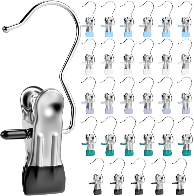 Senbowe 30 Pack Heavy Duty Clothes Pins, Boot Hangers for Closet, Laundry Hook Hanging Clips Clamps for Closet Organizer Pants Hats Socks Towels Clips, Clothespins Hanger for Travel Handbag Legging