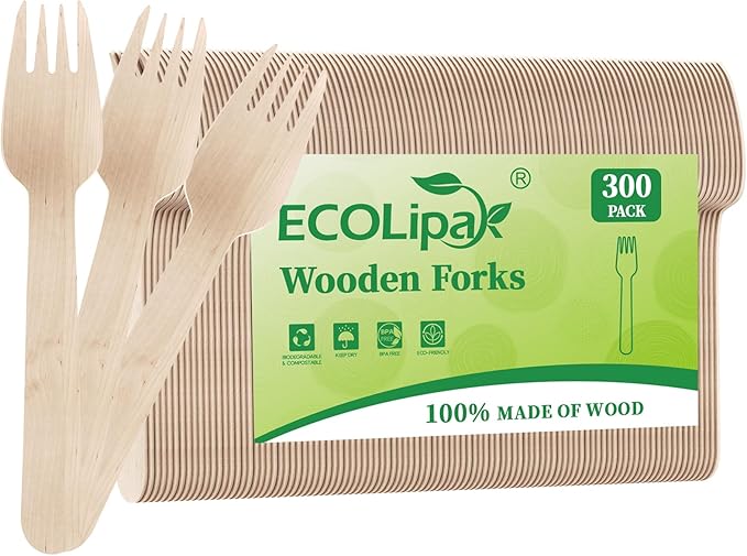 ECOLipak 300 Count Compostable Wooden Disposable Spoons for Party, Dinner