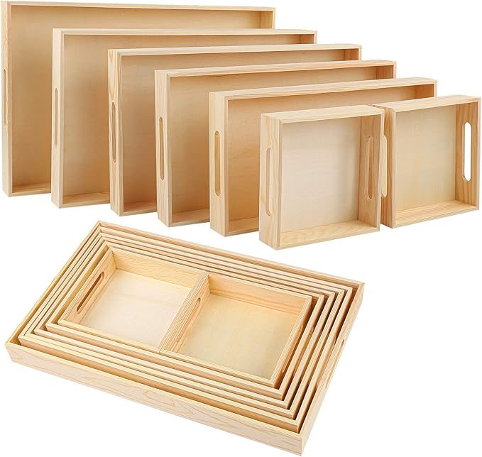 Aodaer 7 Pieces Wooden Trays, Wooden Nested Serving Trays, Rectangular Shape Wood Serving Tray with Handles for Kitchen Party Dinner Snacks