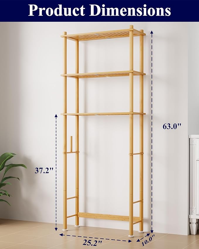 Kitsure 3-Tier Bamboo Over The Toilet Storage Cabinet, Bathroom Organizer and Above Toilet Shelf with Paper Holder, Freestanding Space Saving Rack with Wall Anchor, Natural (63” H)
