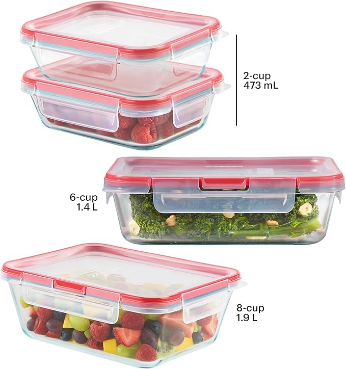 Pyrex Freshlock (4-Pack) Mixed Sized Glass Food Storage Containers Set, Airtight & Leakproof Plastic Locking Lids BPA-Free, Meal Prep Containers Set, Freezer Dishwasher Microwave Safe