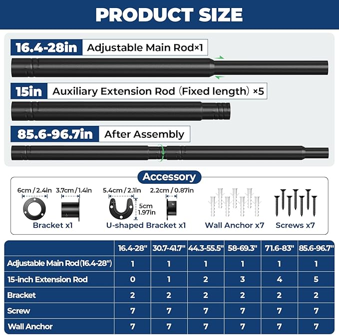 Mavivegue Closet Rod, 17 to 99 Inch Adjustable Closet Rods for Hanging Clothes, Heavy Duty Tension Rod, Black Curtain Rod, for Closet, Wardrobes, Bathroom, Laundry