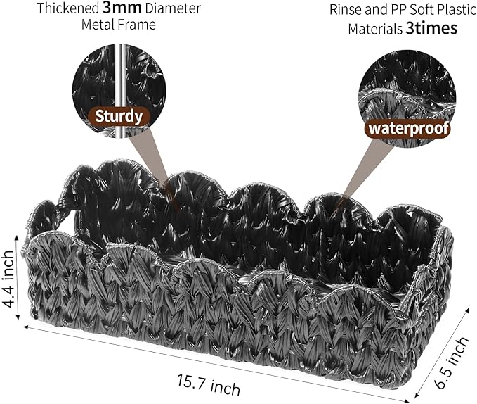 Black Toilet Basket,Scalloped Wicker Basket for Toilet Paper Storage,Small Slim Storage Baskets for Shelf,Bedroom,Living Room,Rectangle