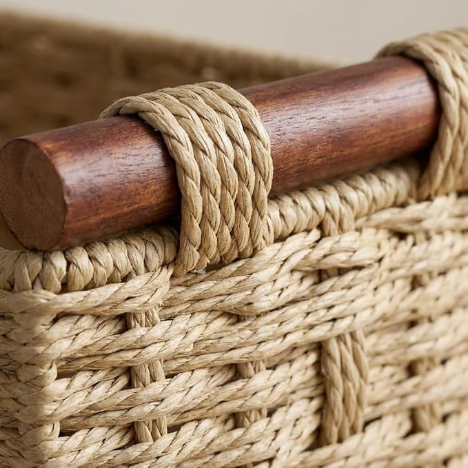Toilet Tank Basket for Top of Toilet, Khaki Wicker Toilet Paper Basket (Holds 2 Rolls), Handwoven Paper Rope Toilet Tank Organizer with Wooden Handles, Bathroom Baskets for Organizing