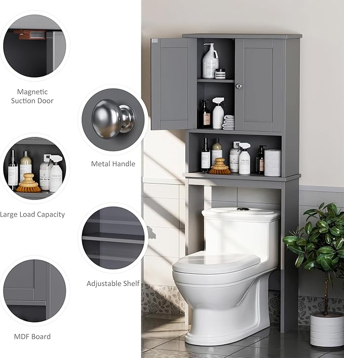 Meilocar Over The Toilet Storage Cabinet, Bathroom Storage Over Toilet with Two Doors and Adjustable Shelf, Space Saver with Open Shelf, Gray