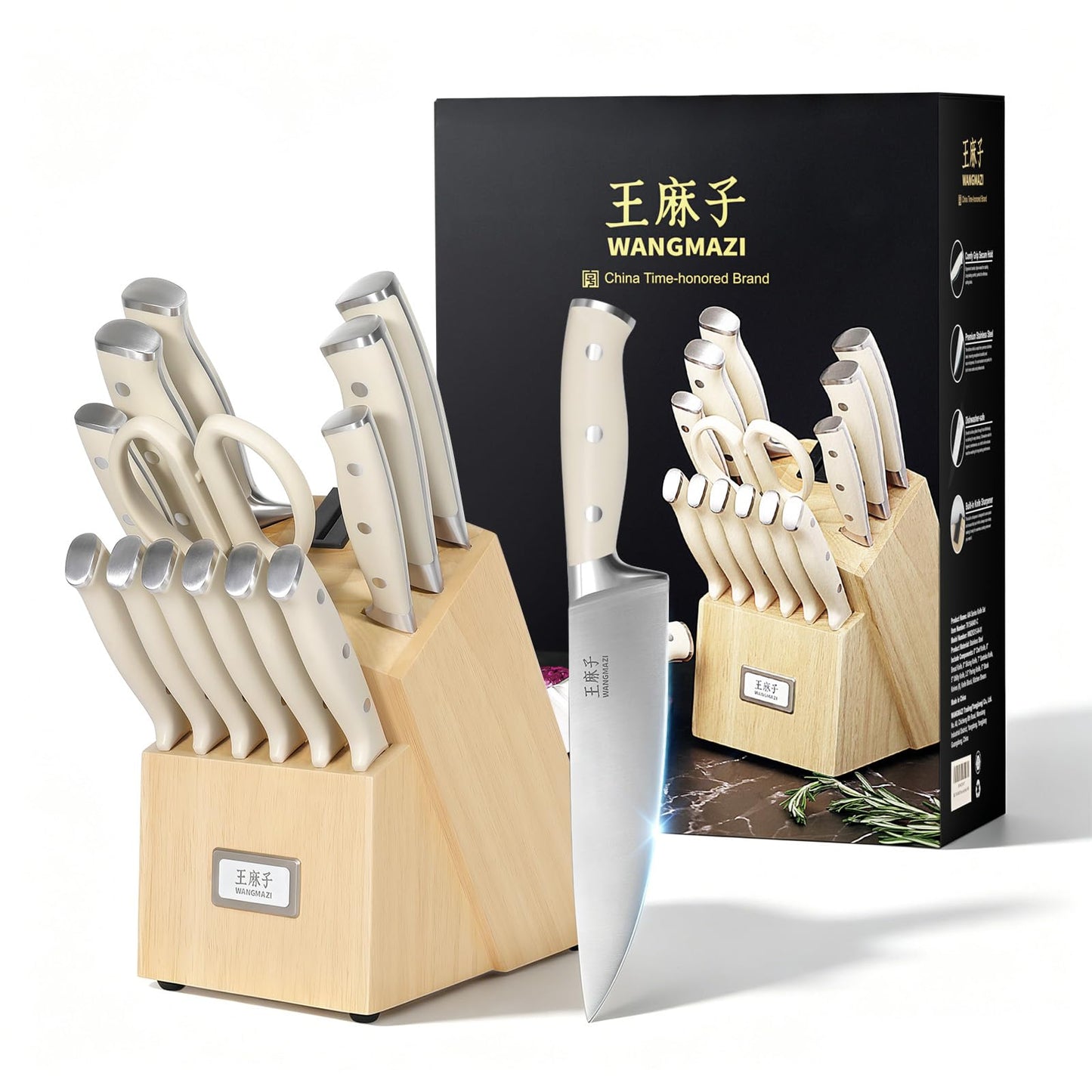 WANGMAZI 15‑Pcs Knife Block Set, High Carbon Steel, Natural
