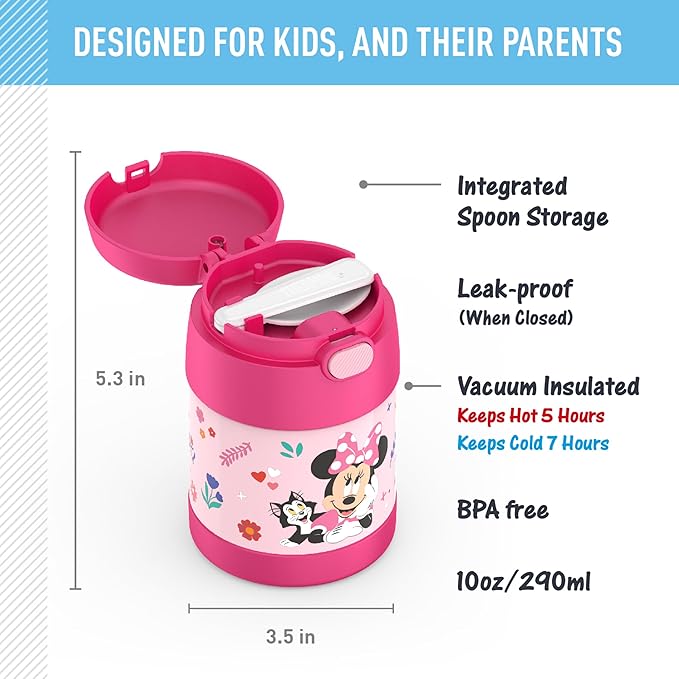 THERMOS FUNTAINER Insulated Food Jar, 10 Ounce, Kid Friendly Food Jar with Foldable Spoon, Preschool Minnie