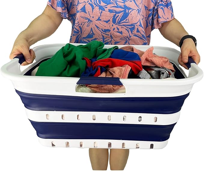 SAMMART 42L (11 gallon) Collapsible Plastic Laundry Basket - Foldable Pop Up Storage Container/Organizer - Space Saving Hamper/Basket (1, White/Starry Blue)