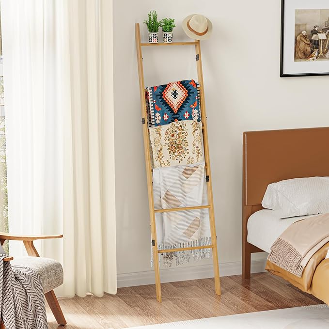 BAMBANG 6-Tier Blanket Ladder for Living Room, Blanket Quilt Ladder Rack Rustic Decorative Towel Holder, Wall Leaning Blanket Ladder Shelf Storage Farmhouse Decor for Bedroom Bathroom, Natural