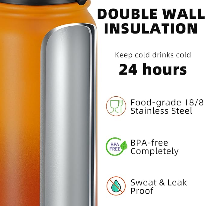 Fanhaw 24 oz Insulated Stainless Steel Water Bottle with Anti-Dust Chug Lid, Leakproof Vacuum Metal Bottle for Kids, Women & Men (Yellow Orange)