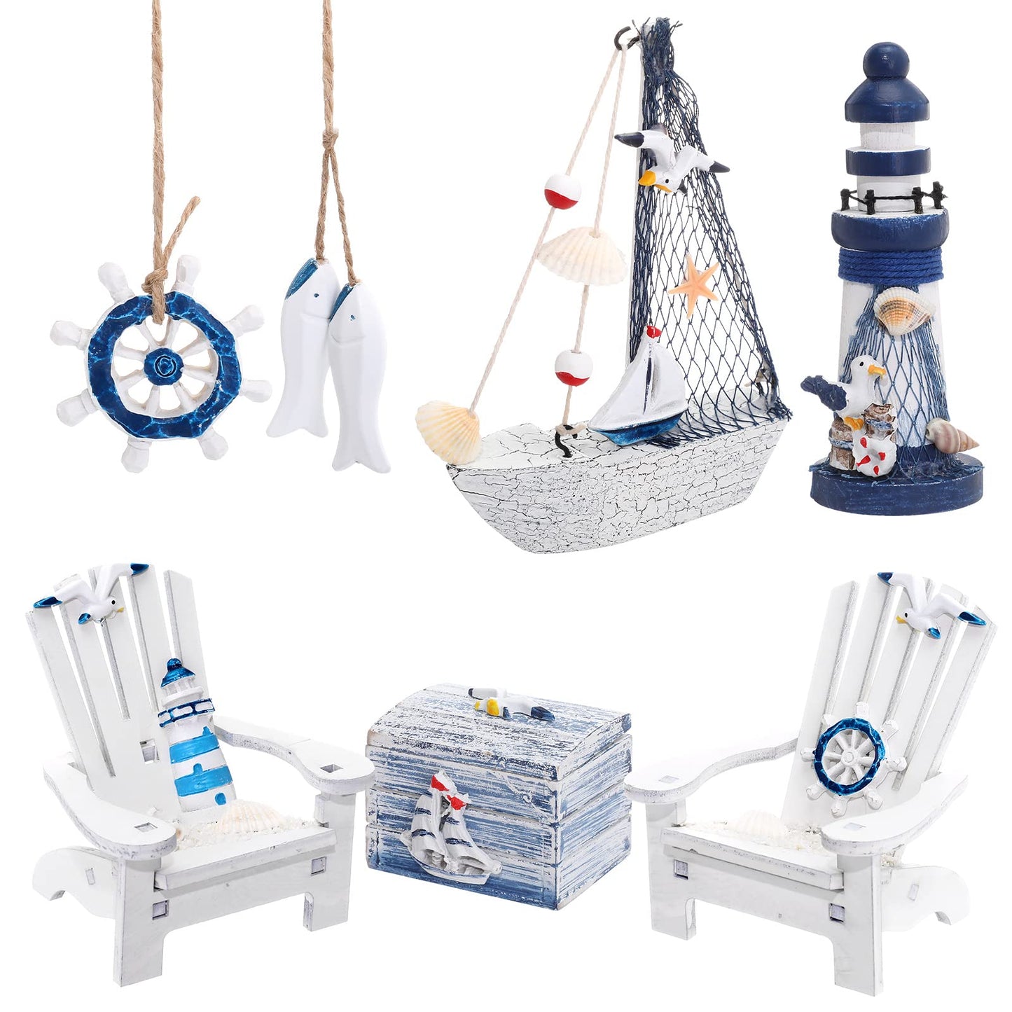 7 Pieces Wooden Box Wooden Lighthouse Mini Sailboat Anchor Fish Hanging Starfish Model Spring Summer Easter Tree Ornament Decoration Aquarium Decor Landscape Tank Ornament Office Mini Garden Landscape