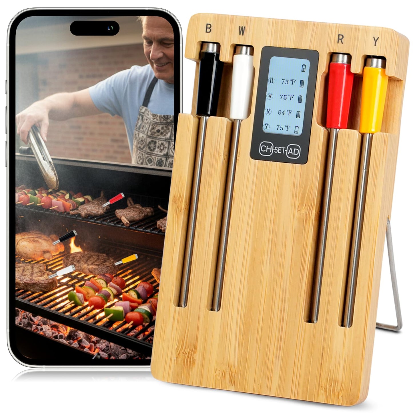 Wireless Smart Meat Thermometer with 4 Probes, Ultra-Long Range Bluetooth 5.4, App Control with iOS & Android, IP67 Waterproof, 10 Preset Menus & Color-Coded Probes for Oven, Grill, BBQ, A8