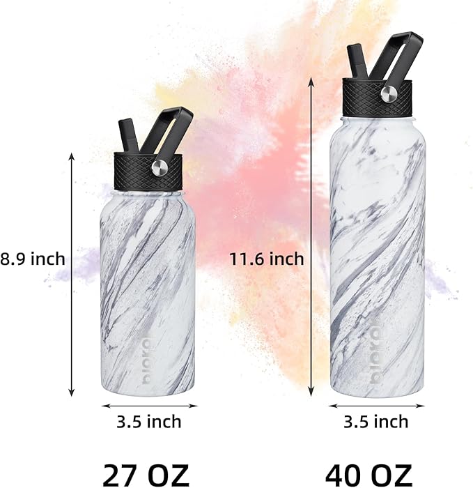 BJPKPK Insulated Water Bottles with Straw Lid, 40oz Stainless Steel Water Bottles with 3 Lids, BPA Free Leakproof Thermo, Tumblers, Cups for Sports, Gym-Carrara Marble